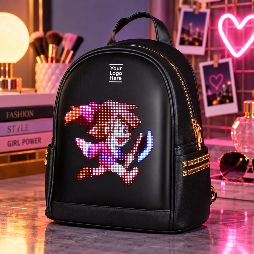 Black Dazz Roll women LED backpack with gold zipper details, colourful pixel display and Your Logo Here branding