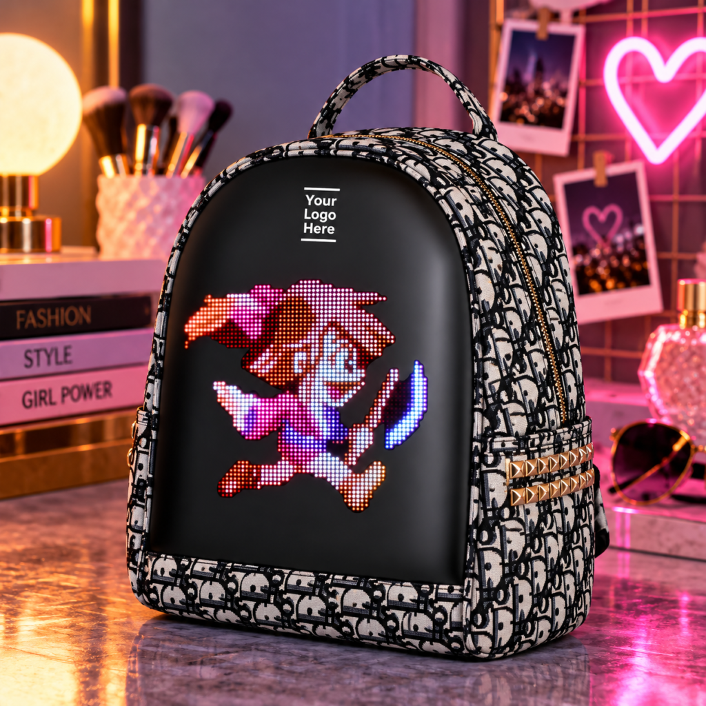 Grey Dazz Roll women LED backpack with black patterned fabric, gold zipper details, colourful pixel display and Your Logo Here branding