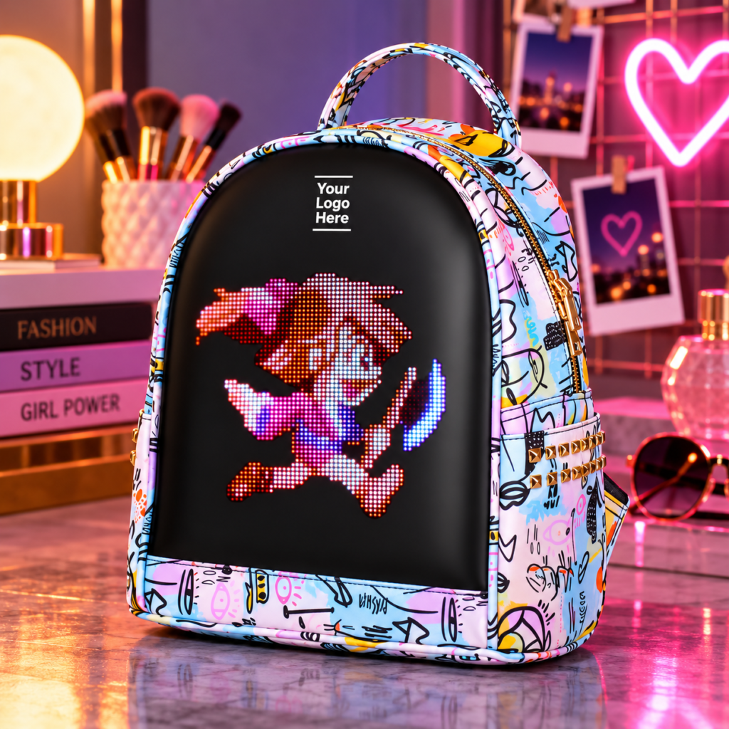 White Dazz Roll women LED backpack with colourful patterned fabric, gold zipper details, illuminated pixel display and Your Logo Here branding