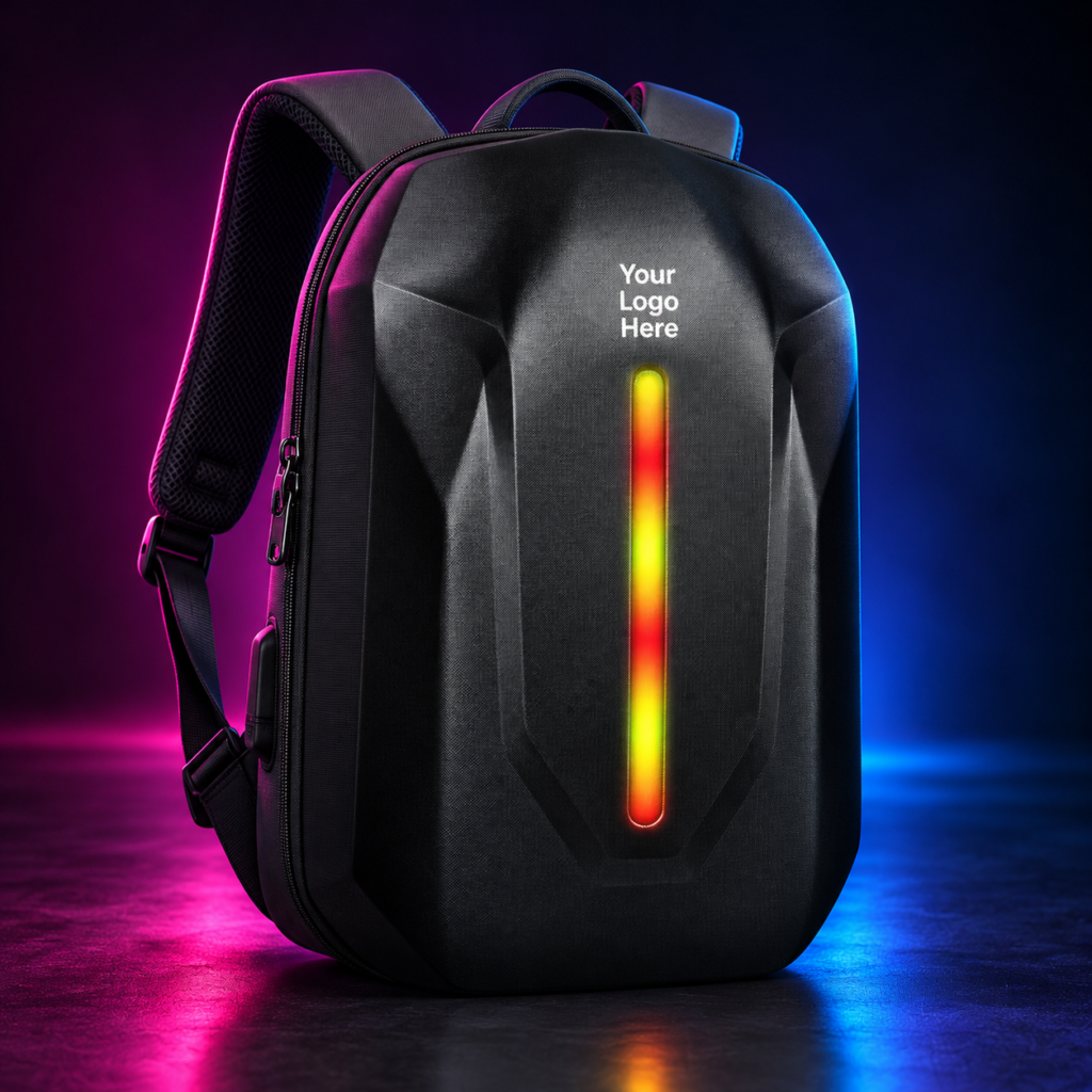 Black Expressa LED backpack with vertical multicolour illuminated display, padded straps and Your Logo Here branding