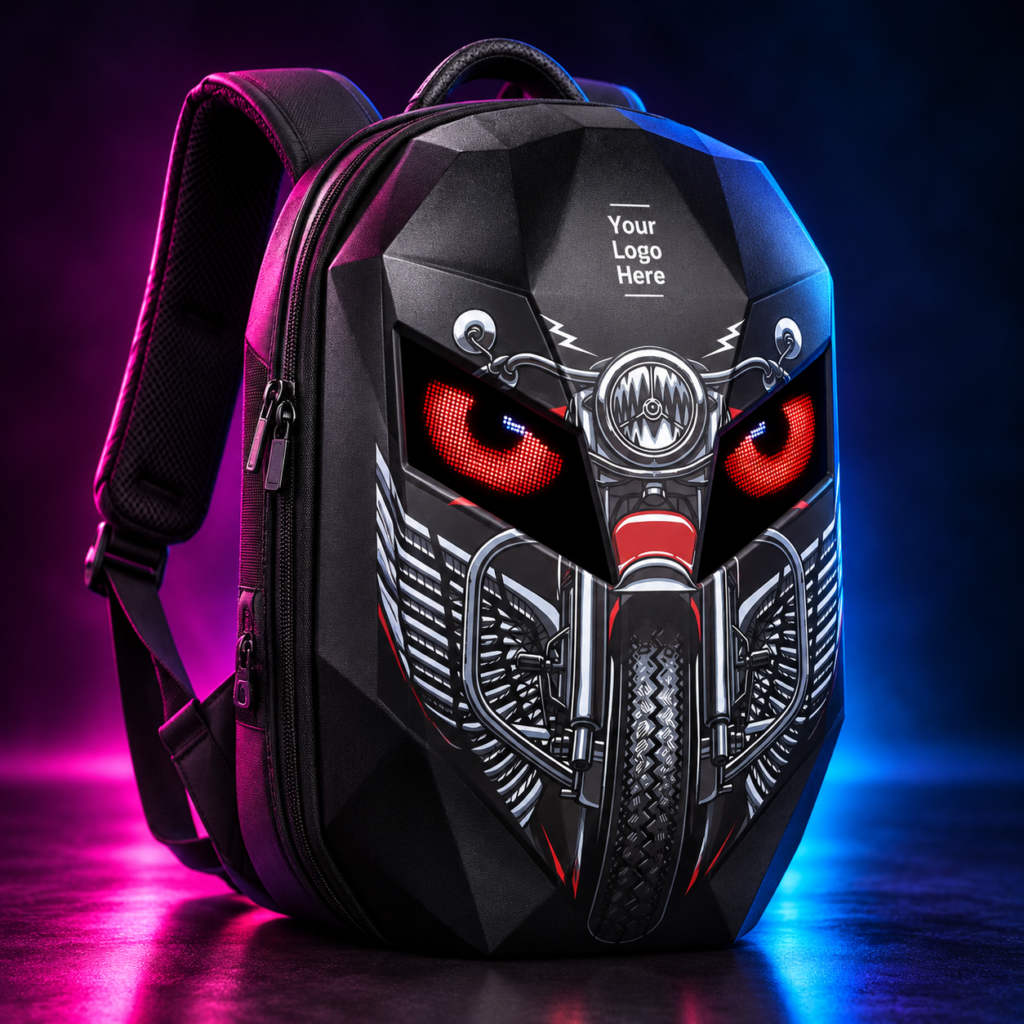 Black Eye Rover Adventure LED backpack with red glowing eyes, motorcycle-inspired graphic and Your Logo Here branding