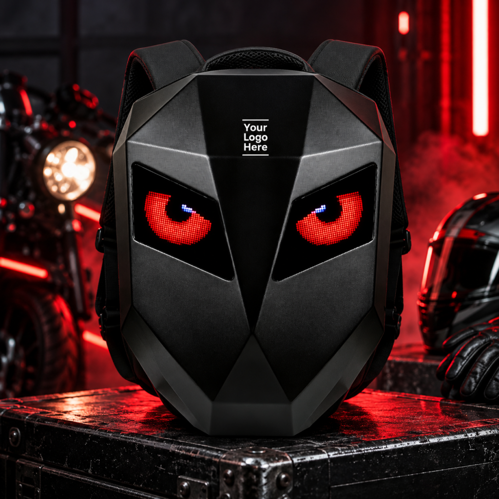 Black Eye Rover Biker LED backpack with futuristic geometric design, glowing red eye graphics and Your Logo Here branding