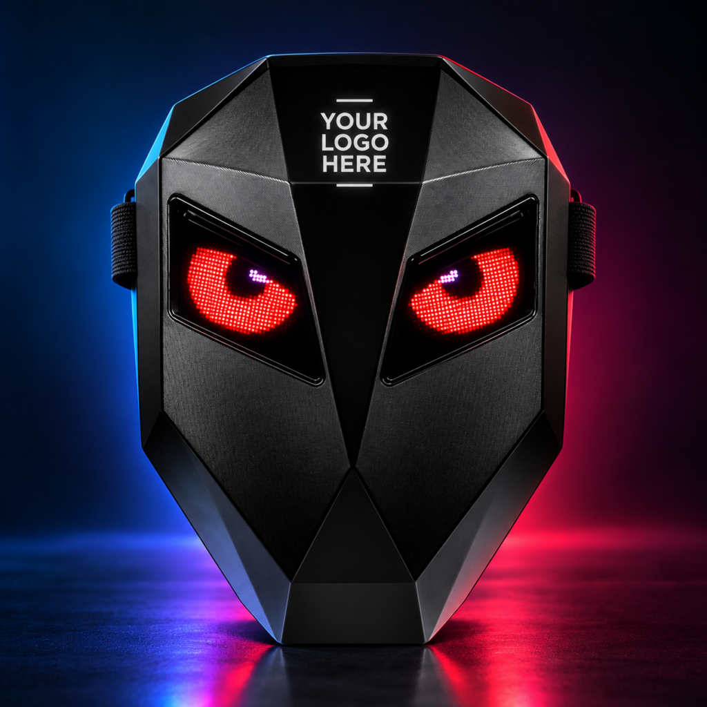 Black Eye Rover Junior LED backpack with angular front panel, glowing red eye graphics and Your Logo Here branding