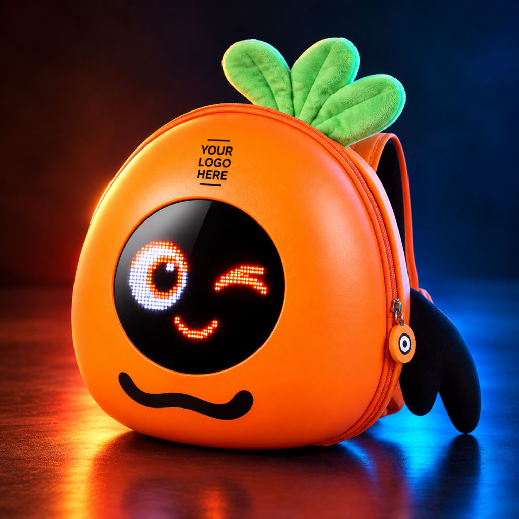 Orange Glowbuddy Boo kids LED backpack with green leafy details, circular illuminated face display and Your Logo Here branding