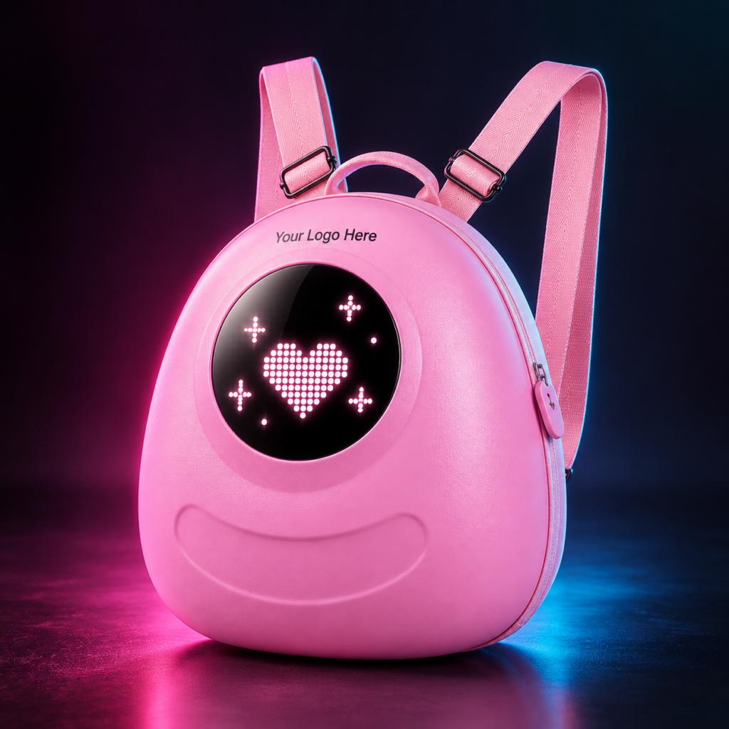 Pink GlowBuddy kids LED backpack with circular heart display and Your Logo Here branding