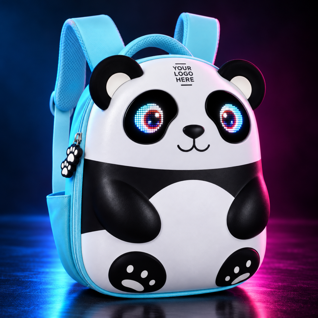GlowBuddy Panda kids LED backpack with black and white panda design, blue straps, glowing LED eyes and Your Logo Here branding