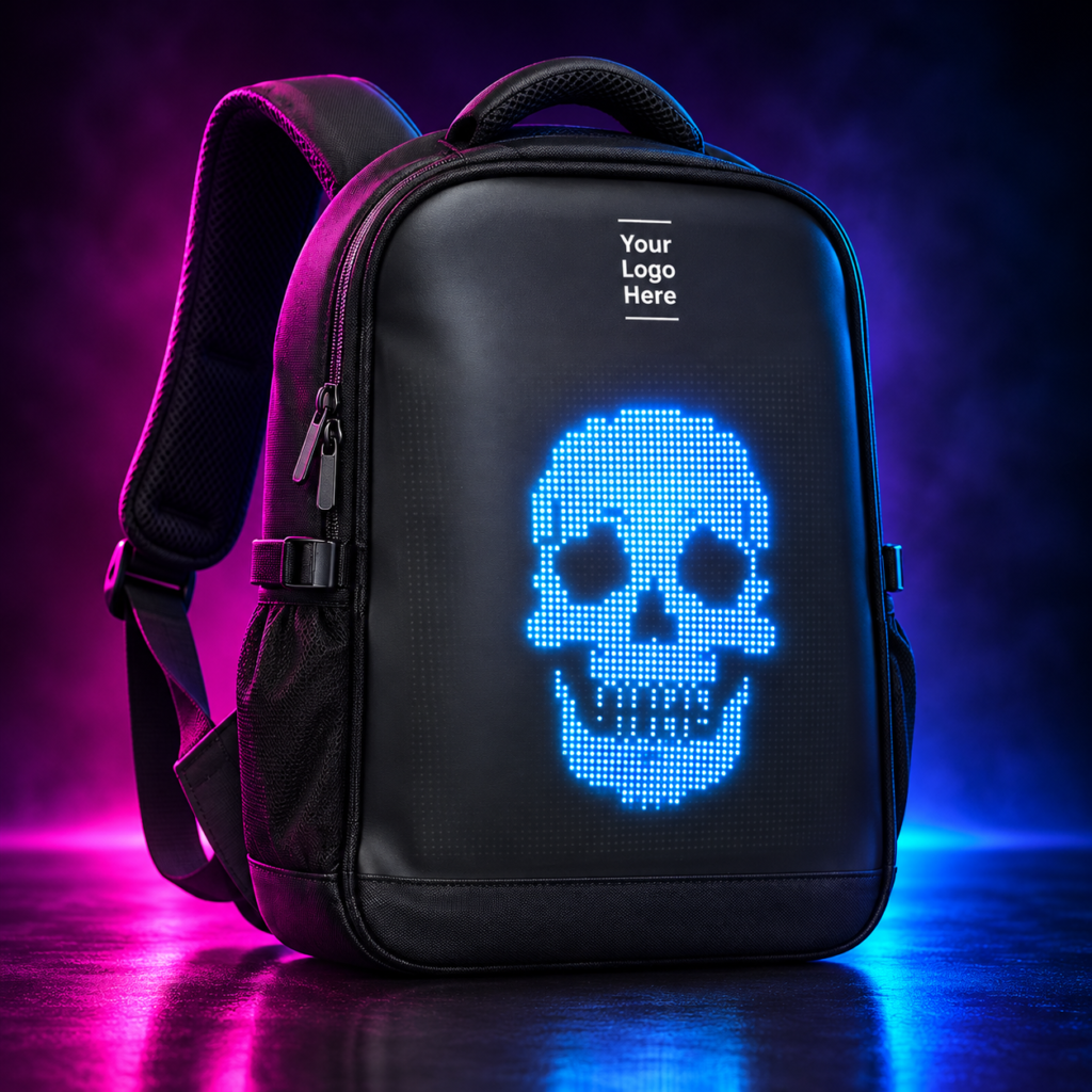Black Gritster LED backpack featuring a glowing electric-blue pixel skull and Your Logo Here branding