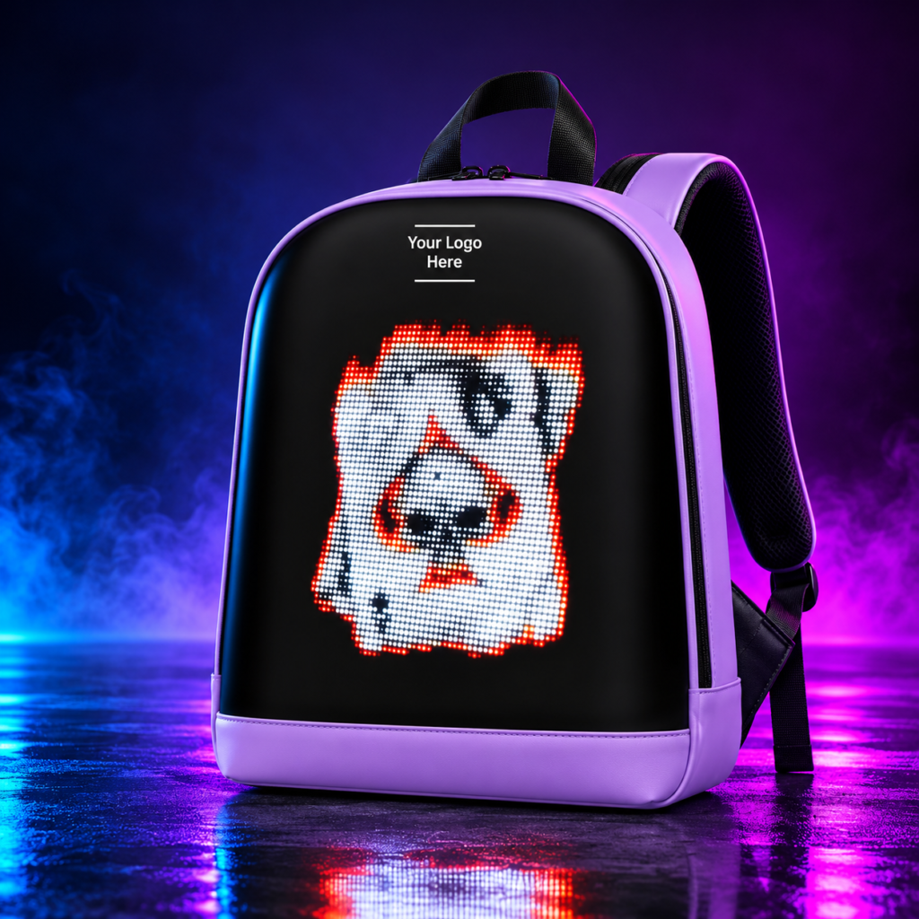 Purple Bold Bling LED backpack with black front panel, colourful playing-card pixel display and Your Logo Here branding