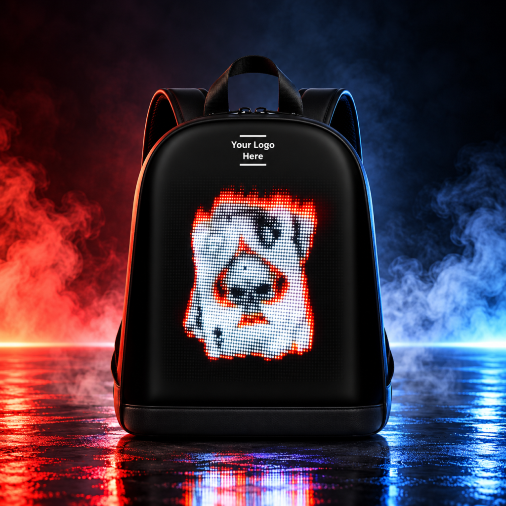 Black Bold Bling LED backpack with colourful playing-card pixel display and Your Logo Here branding