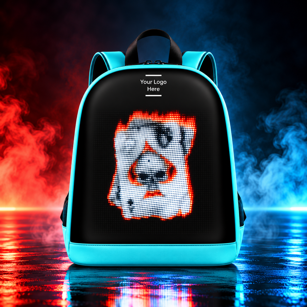 Light-blue Bold Bling LED backpack with black front screen, colourful playing-card pixel artwork and Your Logo Here branding