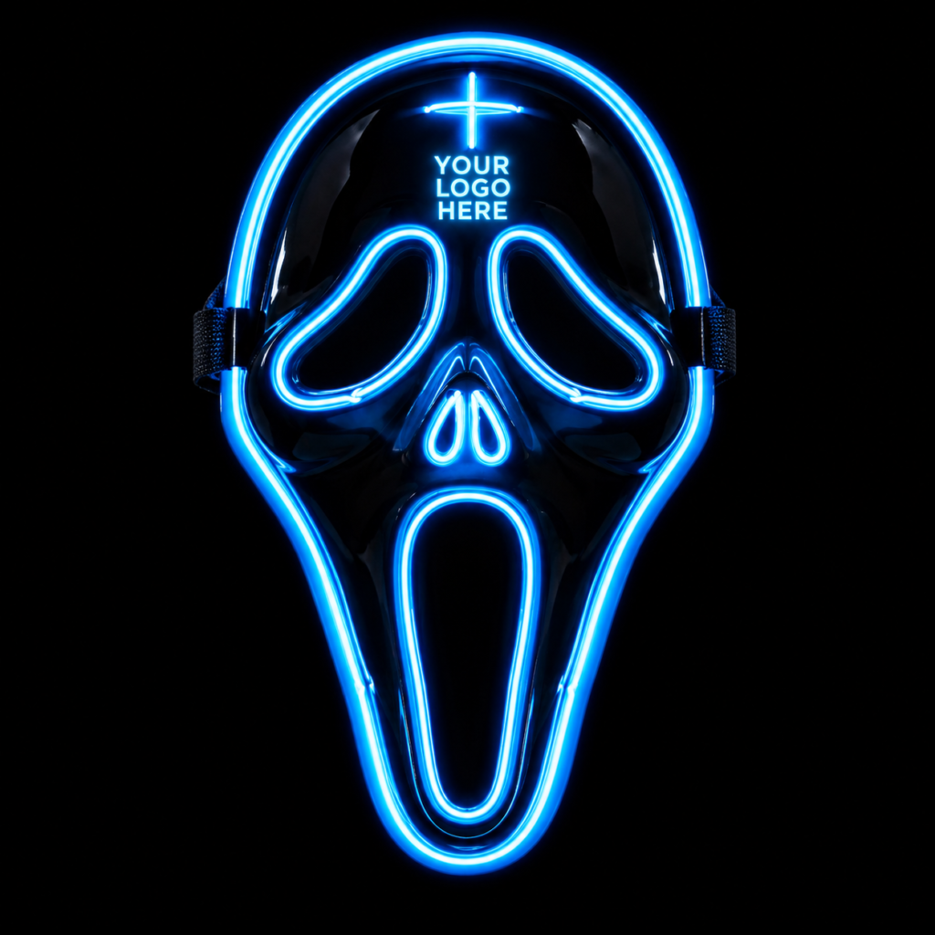 Ecto Face blue LED party mask with glowing ghost face outline, long open mouth and Your Logo Here placeholder