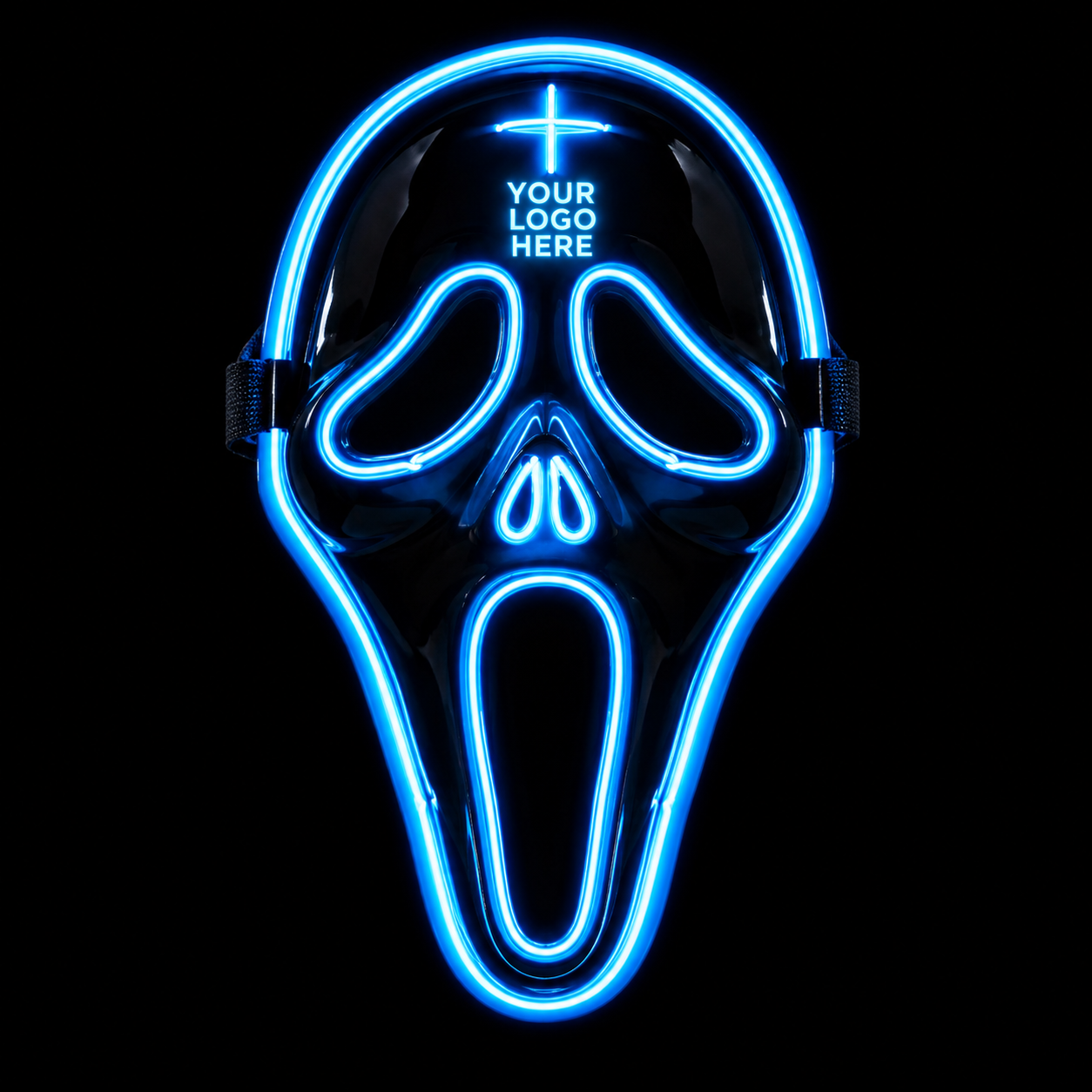 Ecto Face blue LED party mask with glowing ghost face outline, long open mouth and Your Logo Here placeholder