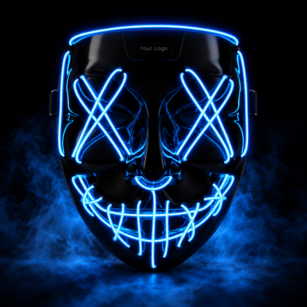 Black Dark Dazzle LED party mask with glowing blue X-shaped eyes, stitched smile and Your Logo branding