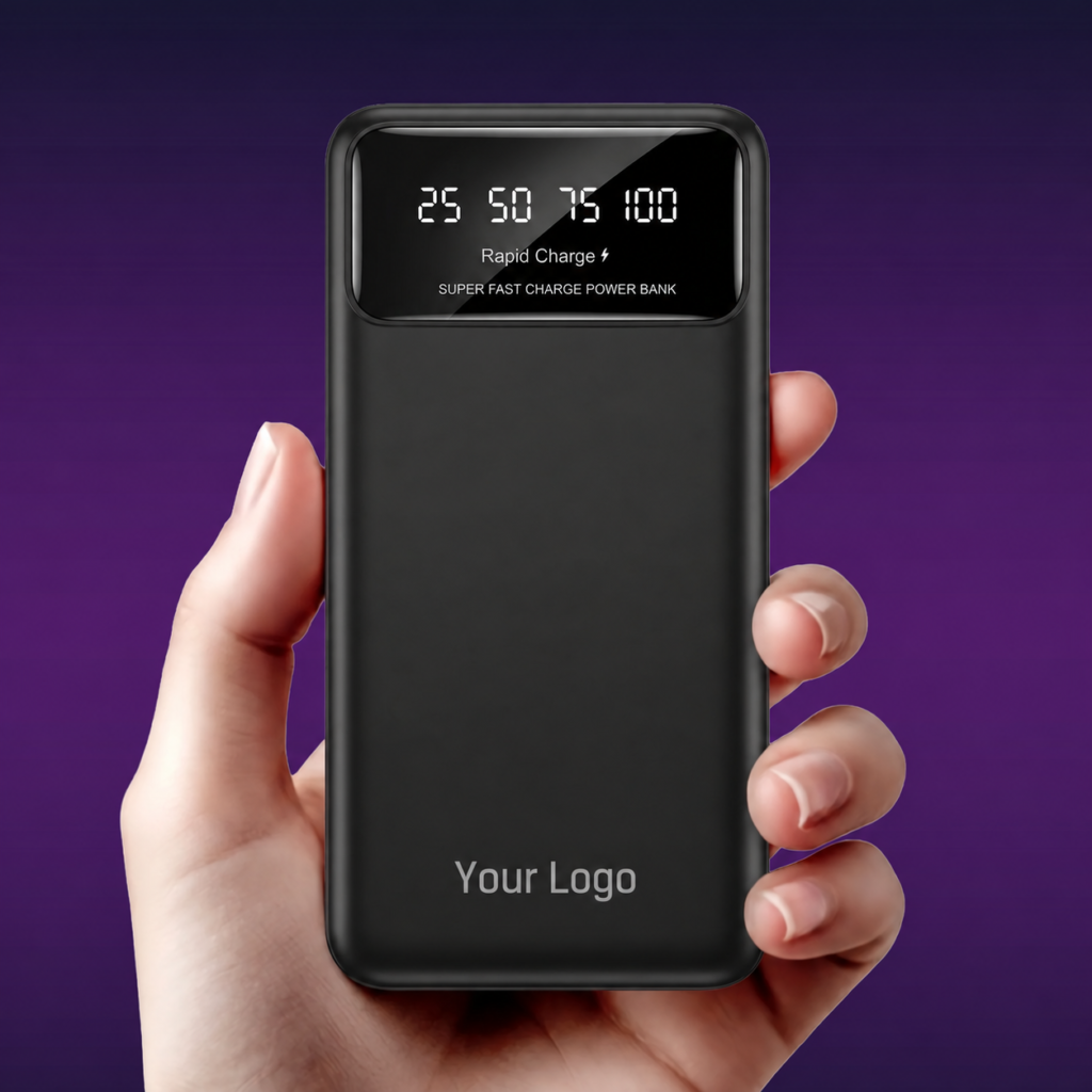 Black fast-charging power bank with digital battery indicator and custom logo for corporate gifts in Dubai, UAE