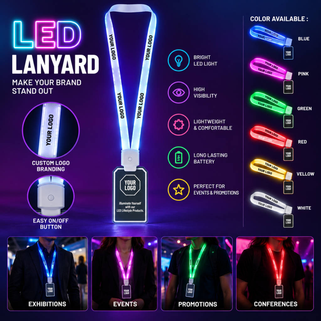 Custom logo LED lanyard with illuminated strap and hanging badge for corporate events and exhibitions