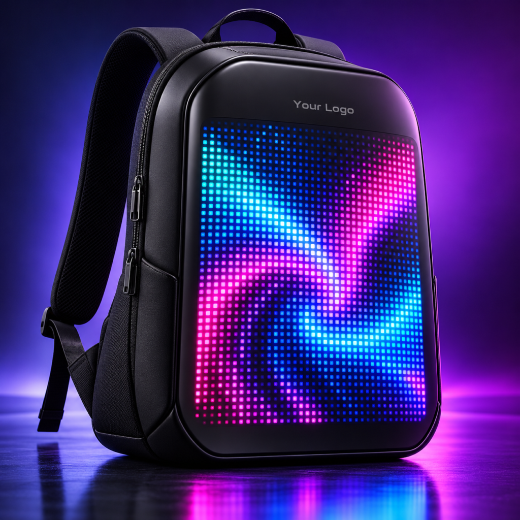HD LED display backpack with custom logo and colorful pixel screen for promotional branding in Dubai, UAE