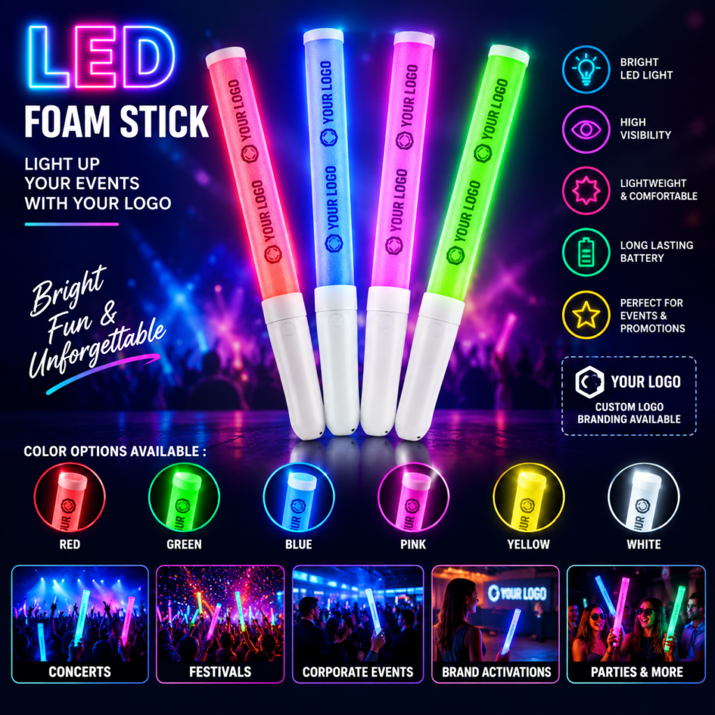 Colorful LED foam sticks with Your Logo branding in red, blue, pink and green for concerts, festivals and corporate events
