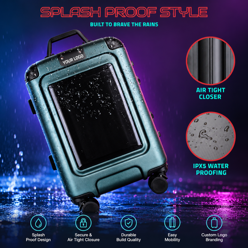 Splash-proof LED display trolley bag with wheels, hard-shell design and custom logo branding in Dubai UAE